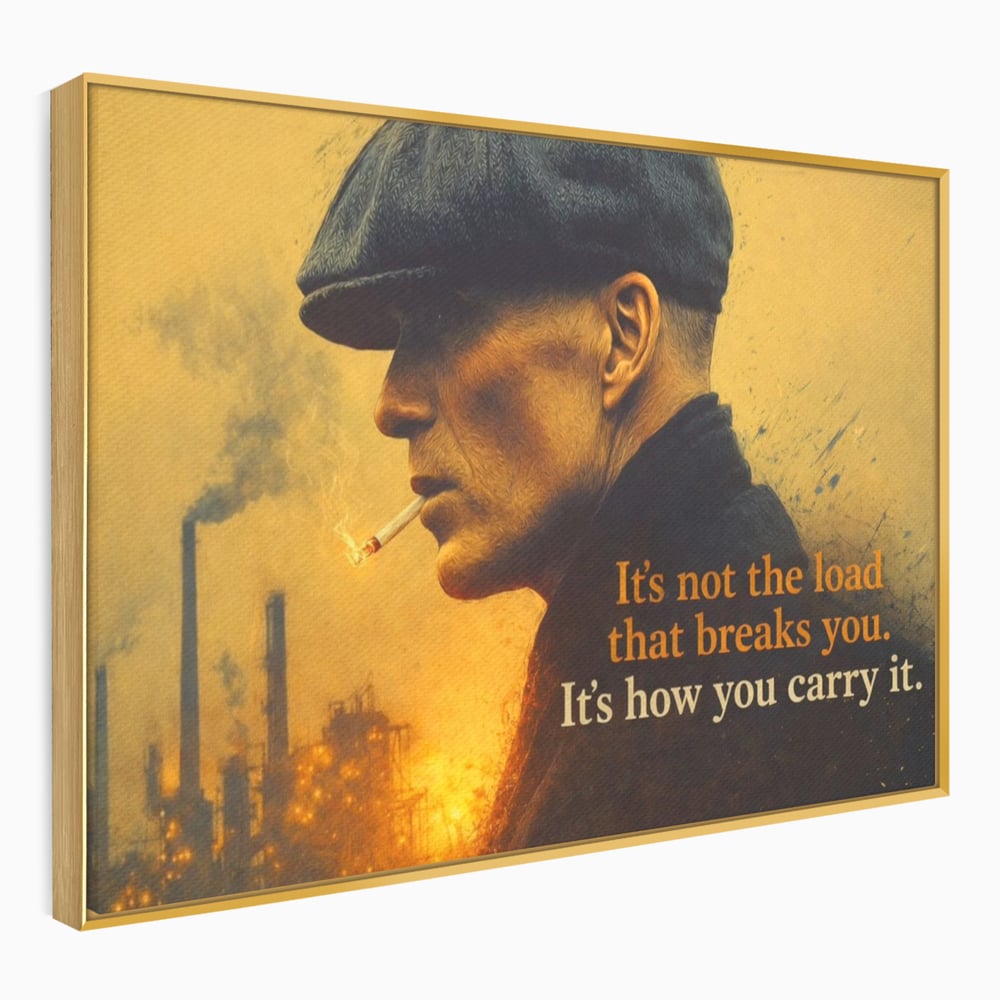 Tablou canvas cu tablou canvas cu personaj si mesaj motivational, in rama de aluminiu auriu